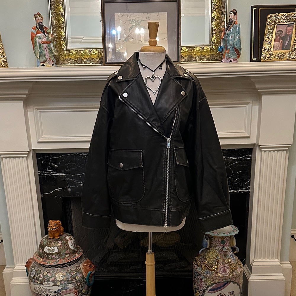 “Future Collective” Distressed Black Vegan Leather Moto Jacket - Picture 1 of 7